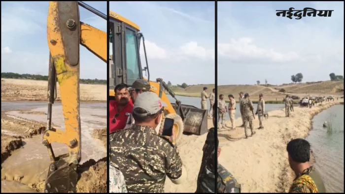रेत माफिया ने चंबल में बनाया मिट्टी का पुल, प्रशासन ने किया ध्वस्त, कलेक्टर के निर्देश पर चला बुलडोजर