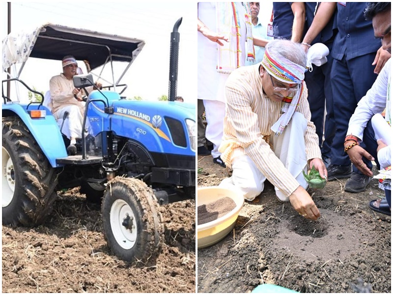 अक्‍ती तिहार और माटी पूजन दिवस पर सीएम बघेल ने की ठाकुर देवता की पूजा, खेत में ट्रैक्‍टर चलाकर किया बीजारोपण