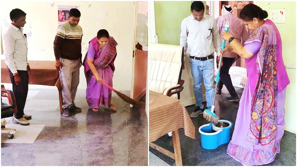 पंचायत भवन में गंदगी देख भड़कीं विधायक अर्चना चिटनिस, खुद लगाया झाडू पोछा