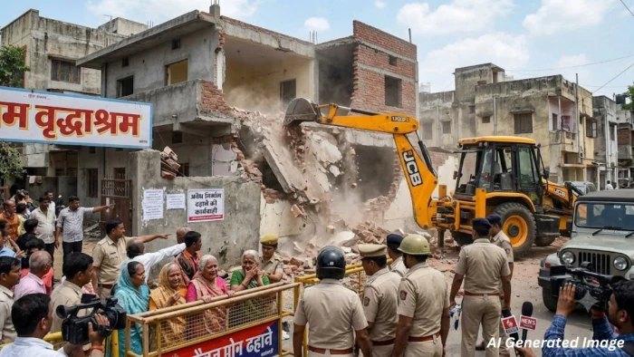 इंदौर में महिलाओं के साथ मारपीट का वीडियो सामने आने के बाद अवैध वृद्धाश्रम को गिराया गया
