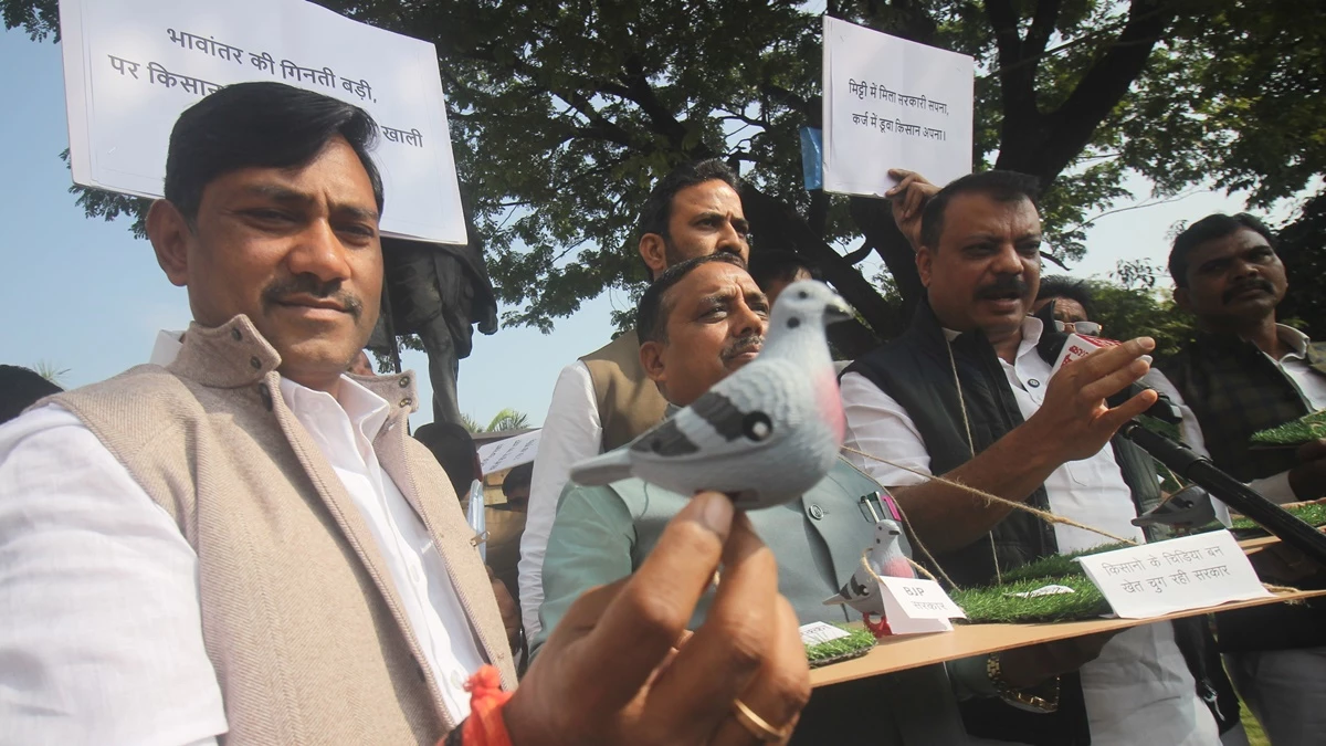 'एमपी में सरकार चुग गई खेत', किसानों की परेशानियों पर कांग्रेस विधायक गले में खेत की झांकी लटकाकर पहुंचे