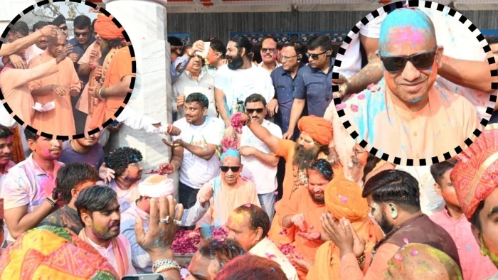 अलग अंदाज में दिखे यूपी के सीएम योगी आदित्यनाथ, काला चश्मा पहन गोरखनाथ मंदिर में खेली होली