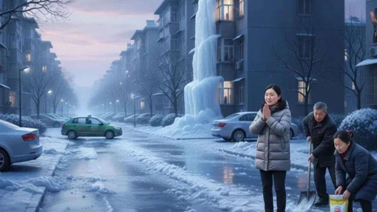 वॉटर हीटर का खुला नल और 9 घंटे की आफत, महिला की एक भूल ने मोहल्ले की सड़क पर बिछा दी बर्फ की चादर