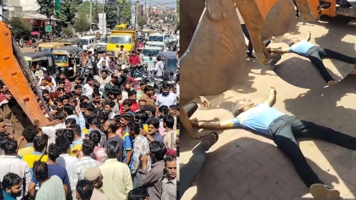 शिवपुरी में पेट्रोल पंप पर अतिक्रमण को लेकर बवाल, जेसीबी के सामने लेटे कर्मचारी, कब्जे को लेकर प्रशासन और नगर निगम आमने-सामने