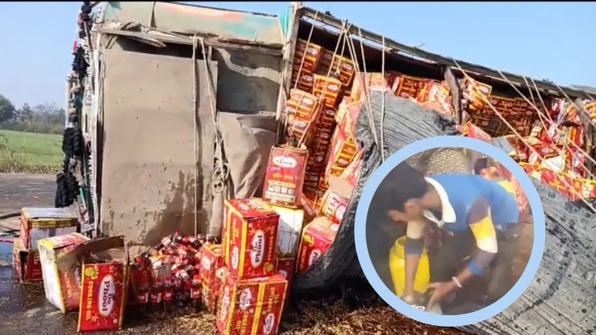 पन्ना में तेल से भरा ट्रक पलटा, लूटने के लिए डिब्बे-बाल्टी लेकर उमड़ा पूरा गांव