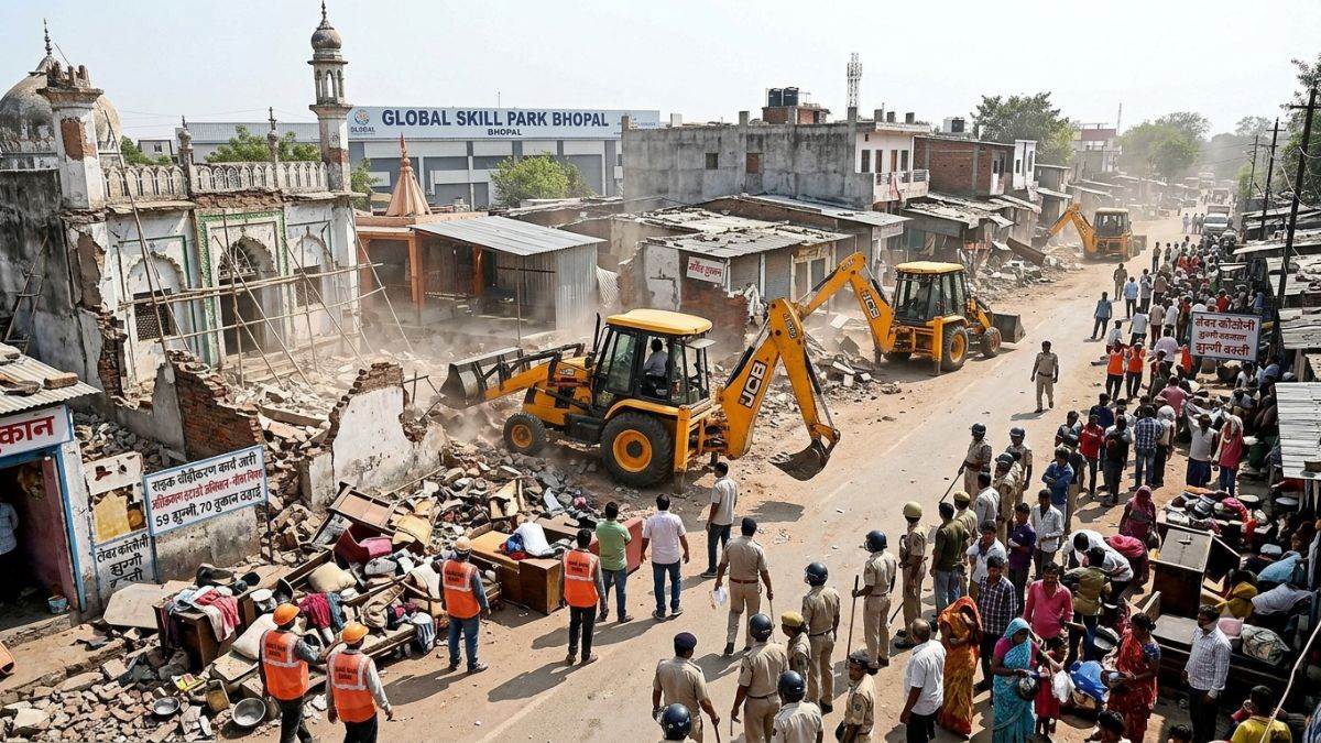 भोपाल में सड़क का बॉटलनेक खत्म करने के लिए चलीं 13 घंटे जेसीबी, 59 झुग्गियां, 70 दुकानें और एक मस्जिद ढहाई