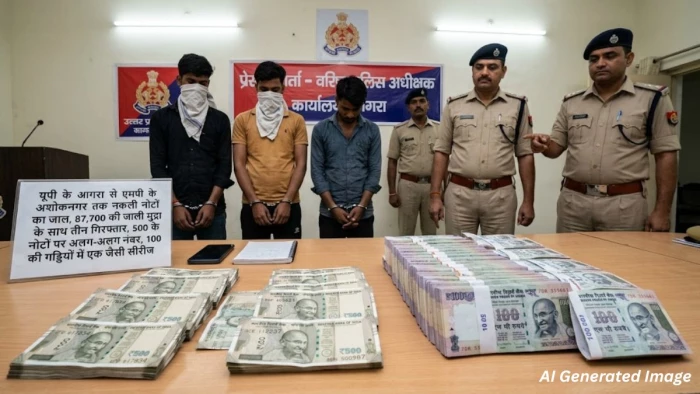 यूपी के आगरा से एमपी के अशोकनगर तक नकली नोटों का जाल, 87,700 की जाली मुद्रा के साथ तीन गिरफ्तार, 100 की गड्डियों में एक जैसी सीरीज