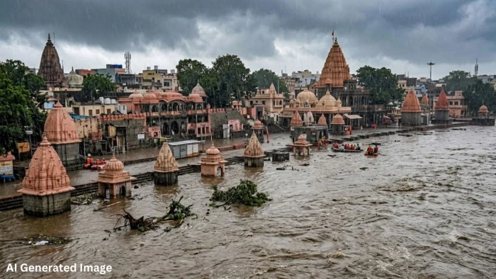 उज्जैन में भारी बारिश के कारण शिप्रा नदी का जलस्तर बढ़ा, राम घाट के किनारे स्थित कई मंदिर पानी में डूबे