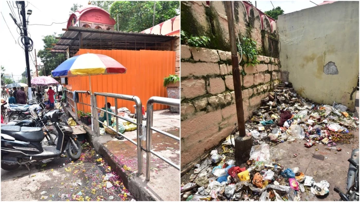 उज्जैन में शक्तिपीठ मां हरसिद्धि मंदिर के बाहर लगा गंदगी का अंबार, सामने अतिक्रमण कर लगा ली दुकानें