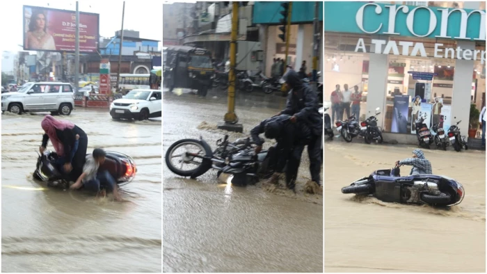रतलाम में तेज बारिश से सड़कों पर दो से तीन फीट तक पानी, कई जगह गाड़ी सहित गिरे लोग
