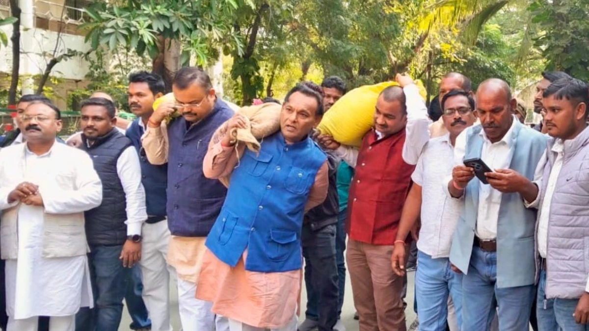 अनोखा प्रदर्शन, बिलासपुर में कंधे पर धान की बोरी लादकर ज्ञापन सौंपने पहुंचे कांग्रेसी, कहा- 'पूरा धान खरीदो वरना मंत्रियों के घर सजेगी मंडी'