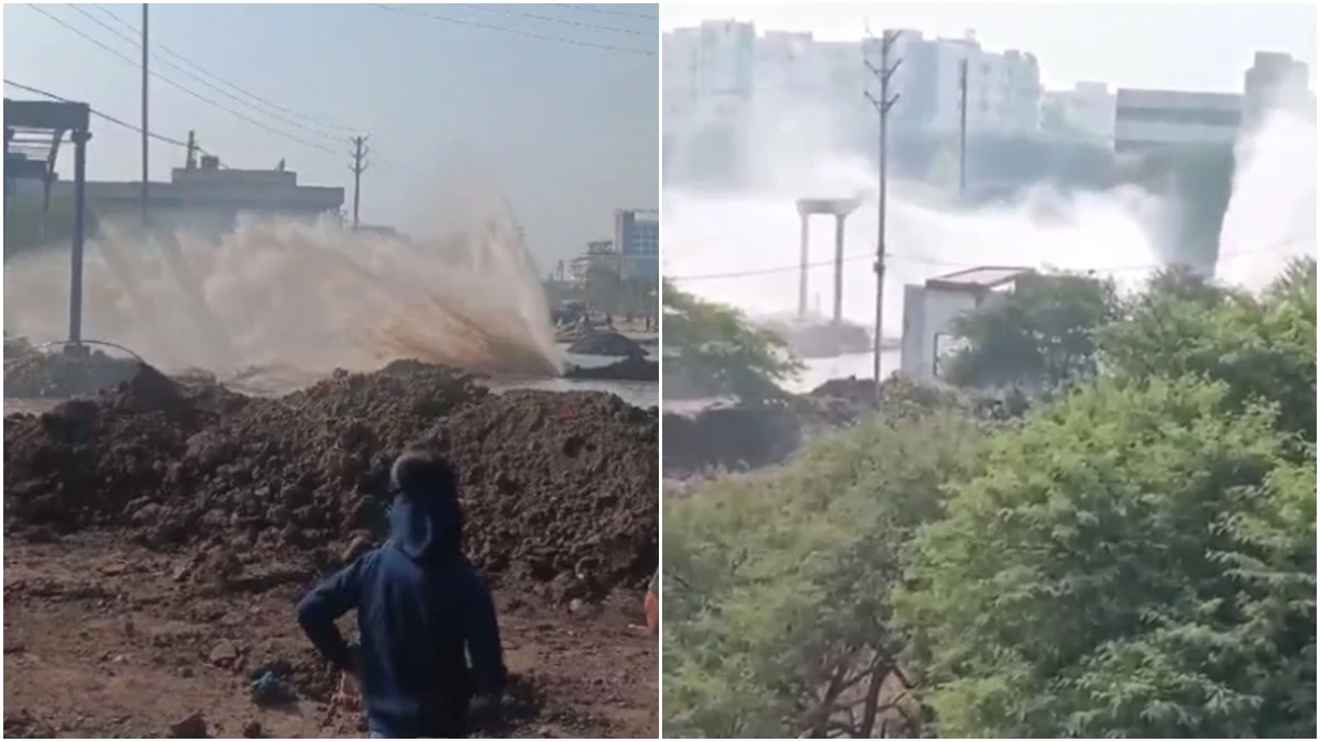 इंदौर के निपानिया इलाके में सड़क बनाते समय फूटी नर्मदा लाइन, उठने लगा पानी का बड़ा फव्वारा