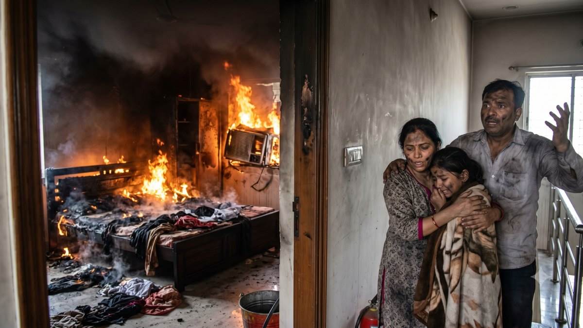 इंदौर में बड़ा हादसा: पॉश कॉलोनी के बंगले में AC ब्लास्ट से लगी भीषण आग, कमरे में सो रही बेटी को पिता ने बचाया