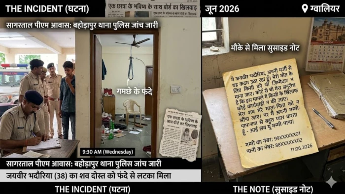 ग्वालियर: 'मेरी मौत का कोई जिम्मेदार नहीं', सुसाइड नोट लिख युवक ने लगाई फांसी; पारिवारिक विवाद और आर्थिक तंगी बनी वजह