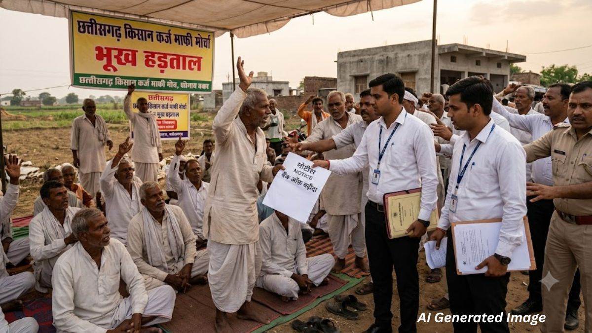छत्तीसगढ़ में कर्ज माफी सहित अन्य मांगों को लेकर भूख हड़ताल कर रहे किसानों के बीच नोटिस लेकर पहुंचे बैंक कर्मी, हुआ बवाल
