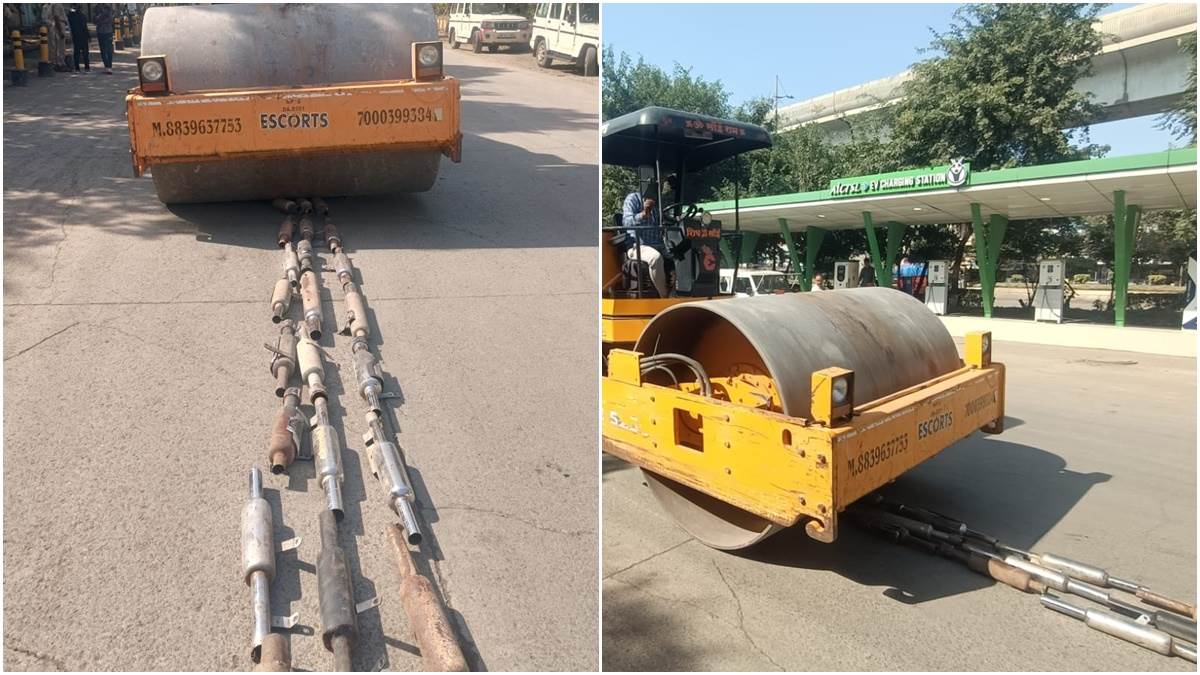 इंदौर में तेज आवाज करने वाले 1500 मॉडिफाइड साइलेंसर पर पुलिस ने चलाया रोड रोलर