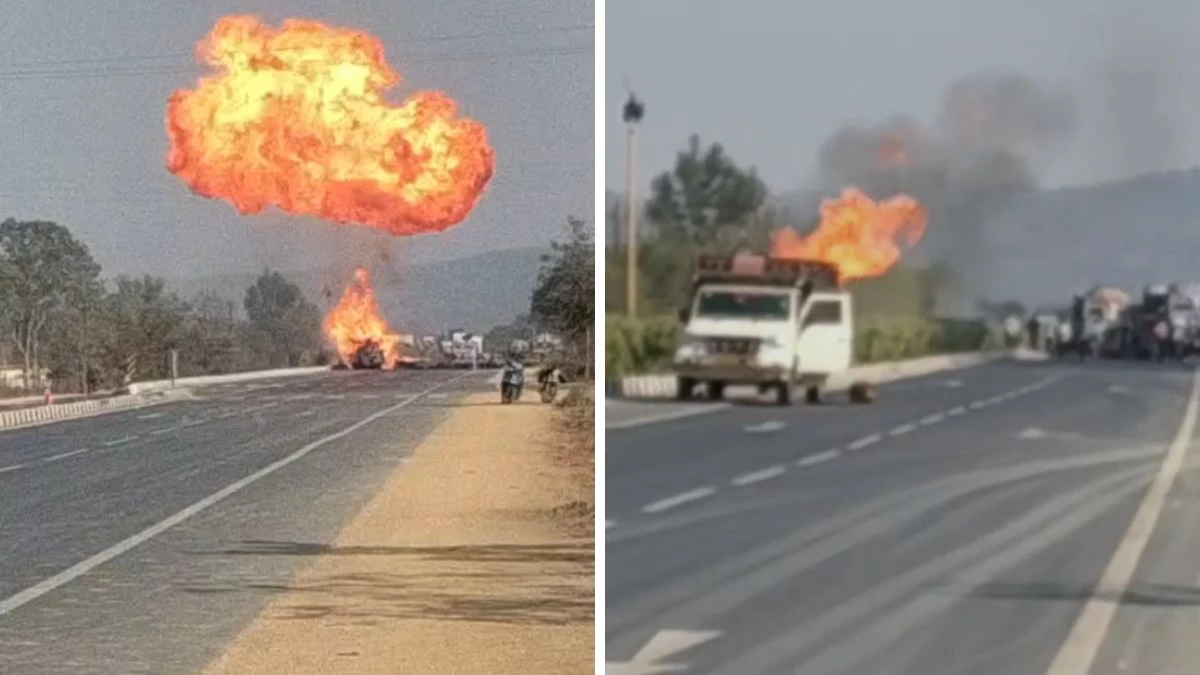 CG में NH-53 पर गैस सिलेंडरों से भरी पिकअप में भीषण आग, धमाकों से मची अफरा-तफरी... आग का गोला बना वाहन
