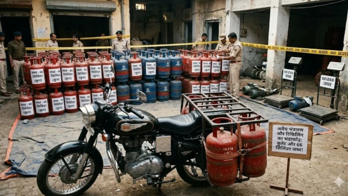 इंदौर में गैस माफिया पर बड़ी चोट... तड़के 6 बजे अवैध गोदाम पर छापा, बुलेट और 66 सिलिंडर जब्त