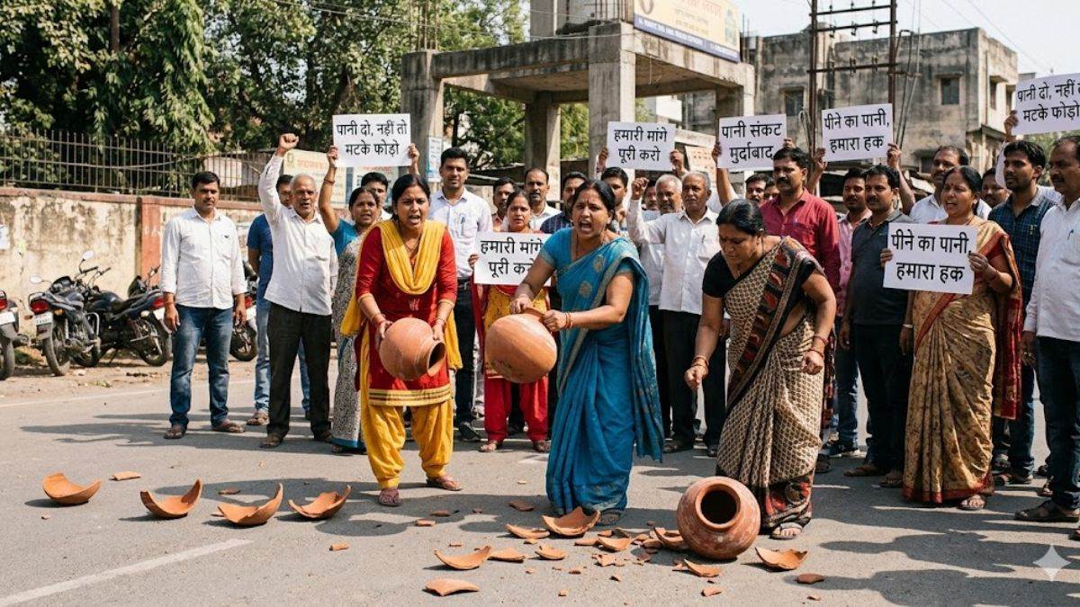 इंदौर में जल संकट पर फूटा आक्रोश... विकास नगर में चक्काजाम, लोगों ने मटके फोड़कर जताया विरोध