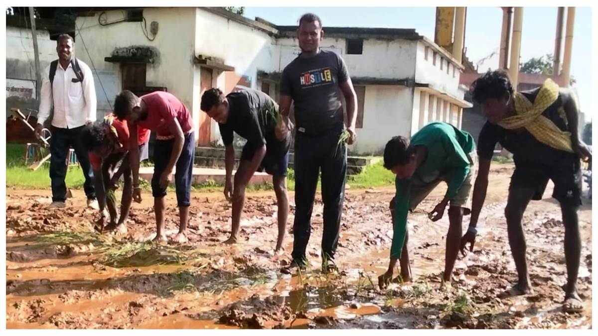 जर्जर सड़क पर धान का रोपा लगाकर वार्डवासियों ने जताया अनोखा विरोध: सूरजपुर नगर पंचायत प्रेमनगर का मामला