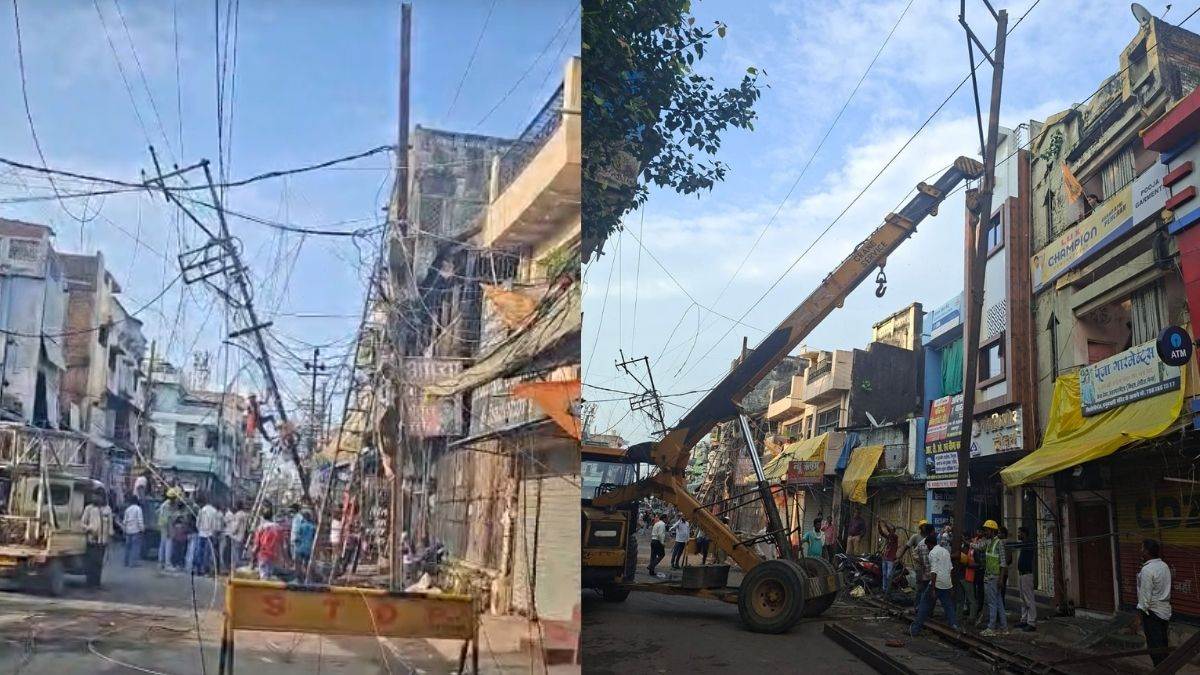 जबलपुर के मिलौनीगंज में पोल गिरे, खंभा गिरता देख लोगों ने चिल्लाकर नीचे कूदने को कहा