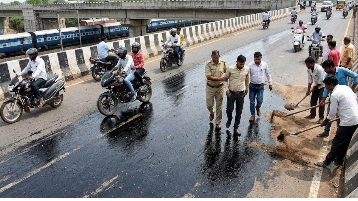 दमोह में ओवरब्रिज पर गिरा जला आयल, फिसलीं कई बाइकें, आरआई, पटवारी 15 लोग घायल