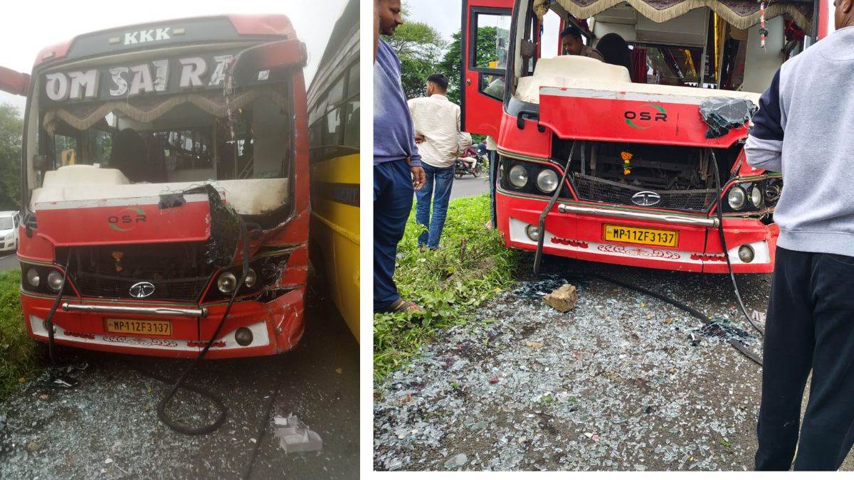 धार में ओवरटेक के चक्कर में प्राइवेट बस ने स्कूल बस को मारी टक्कर, बच्चों समेत दर्जनभर से ज्यादा घायल