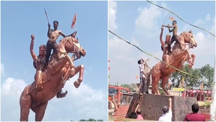 'कुछ लोग मुझे मारने आ रहे हैं', कहते हुए रानी अवंती बाई की तलवार लेकर घोड़े की मूर्ति पर चढ़ा युवक