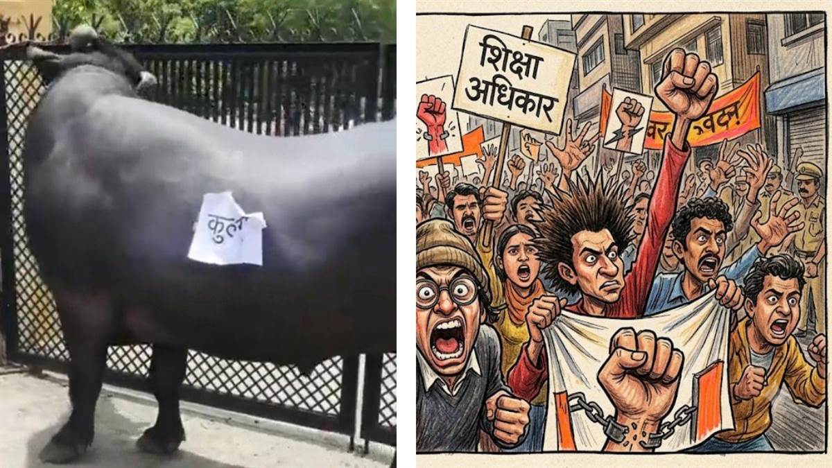 कॉलेज के गेट के बाहर कुलपति लिख खड़ा किया भैंसा, परीक्षा नहीं होने पर देवास में एनएसयूआई ने किया विरोध