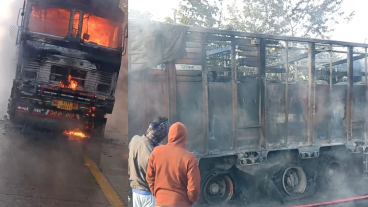 MP के मंडला में अंजनिया बायपास पर चलते ट्रक का टायर फटा, आग और धमाके से दहले लोग