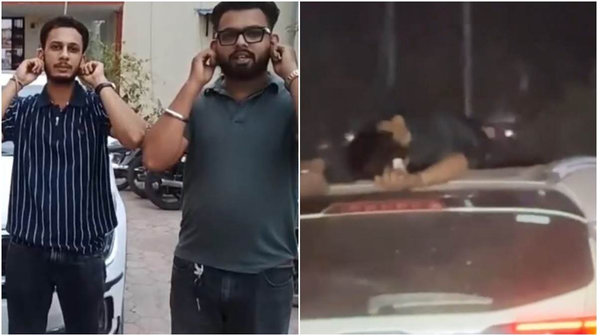 उज्जैन में चलती कार की छत पर लेटा युवक, पकड़ा तो कान पकड़कर मांगी माफी; 3 हजार रुपये का चालान भी कटा