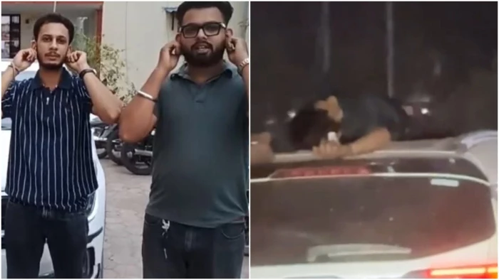 उज्जैन में चलती कार की छत पर लेटा युवक, पकड़ा तो कान पकड़कर मांगी माफी; 3 हजार रुपये का चालान भी कटा