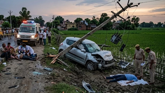 छिंदवाड़ा में चौरई के पास तेज रफ्तार कार बिजली का पोल तोड़ते हुए खेत में जा गिरी, एक मौत,चार घायल