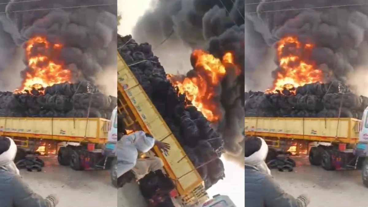 मुरैना में स्क्रैप टायरों से भरे कंटेनर में लगी भीषण आग, मौके पर जलकर खाक हुआ ट्रक