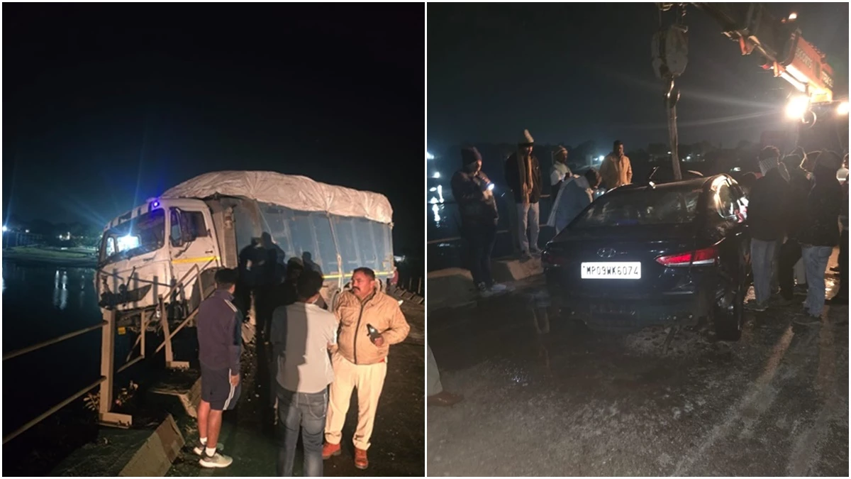 मोरटक्का ब्रिज पर हाईवा ड्राइवर को आई झपकी, टक्कर से कार नर्मदा नदी में गिरी; मछुआरों ने बचाई जान