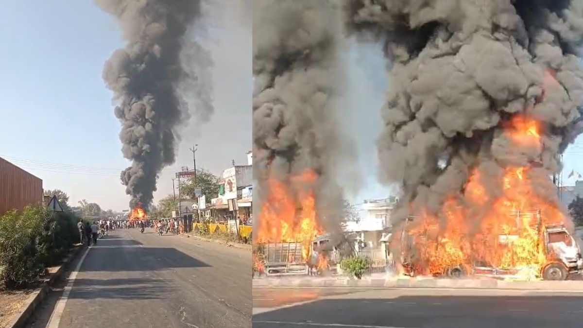 मुंबई-आगरा फोरलेन पर केमिकल से भरे ट्रक में लगी आग, चपेट में आया पीछे खड़ा दूसरा ट्रक; एक किमी दूर तक दिखा धुआं
