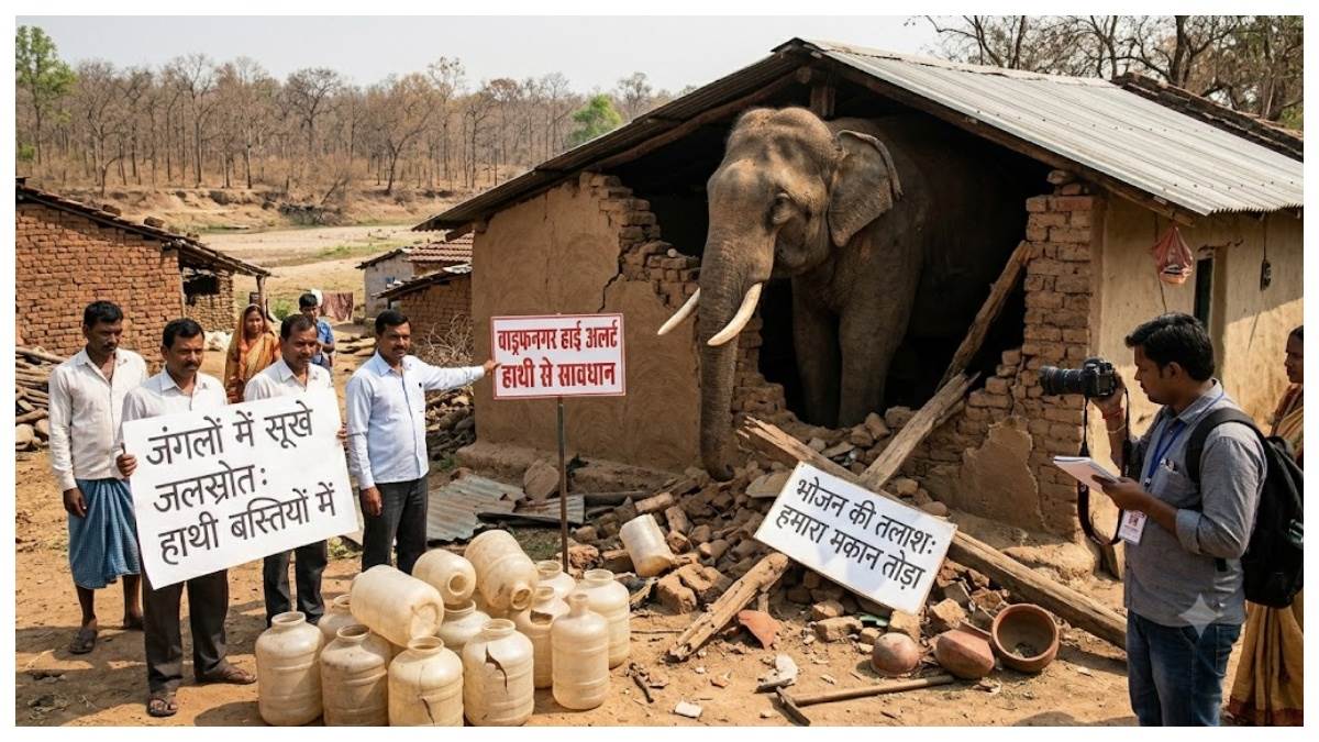 जंगलों में सूखे जलस्रोत तो भोजन की तलाश में बस्तियों में घुसे हाथी; वाड्रफनगर में हाई अलर्ट