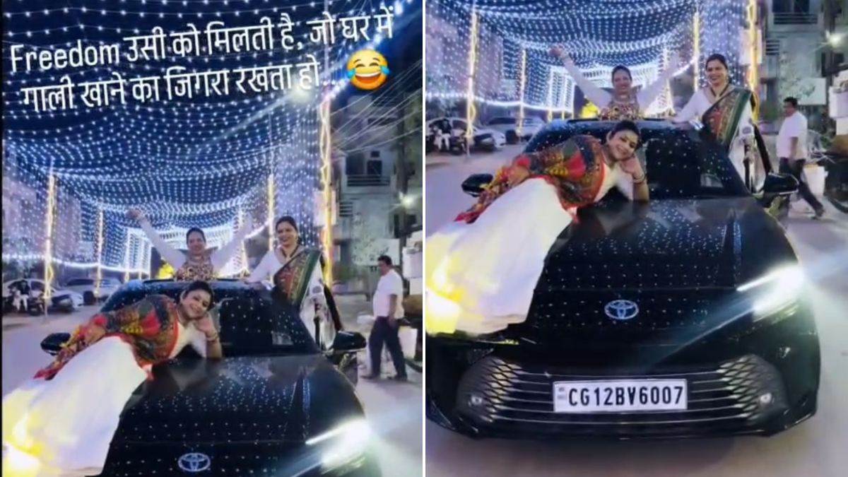 कोरबा में गरबा ड्रेस में चलती कार पर स्टंट, बोनट पर लेटी महिला, दरवाजों पर लटकी दो महिलाएं, वीडियो वायरल