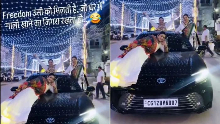 कोरबा में गरबा ड्रेस में चलती कार पर स्टंट, बोनट पर लेटी महिला, दरवाजों पर लटकी दो महिलाएं, वीडियो वायरल