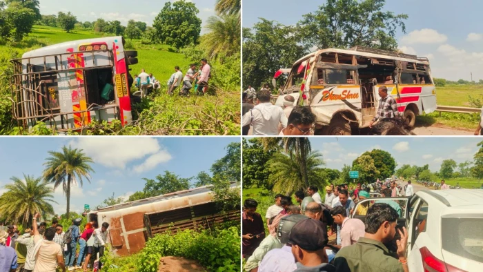 बालोद-धमतरी हाईवे पर यात्री बस पलटी: कंडक्टर की मौत, 25 से ज्यादा यात्री घायल