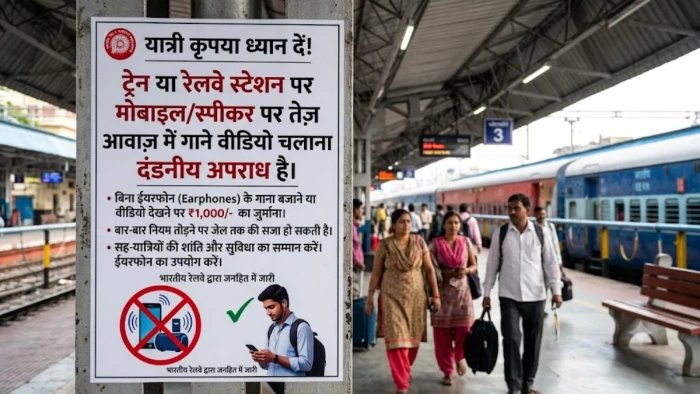 ट्रेन में या रेलवे स्टेशन पर स्पीकर पर गाने या वीडियो चलाना पड़ेगा भारी, एक हजार का जुर्माना, बार-बार नियम तोड़ने पर जेल तक की सजा