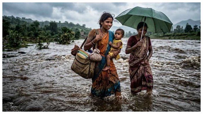 गोद में नौ माह की बेटी, कंधे पर बच्चों का भविष्य और सामने उफनती नदी... फिर भी नहीं रुकते कदम