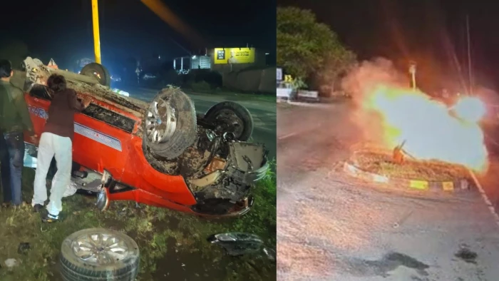 रतलाम में तेज रफ्तार कार डिवाइडर से टकराकर पलटी, कुछ देर बाद हुआ जोरदार ब्लास्ट; पांच युवक थे अंदर