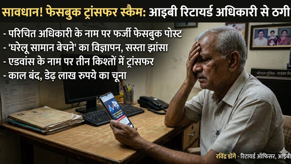भोपाल में IB के रिटायर्ड अधिकारी से ₹1.5 लाख की ठगी, फेसबुक पोस्ट देख जाल में फंसे, तीन किश्तों में ट्रांसफर की पूरी रकम