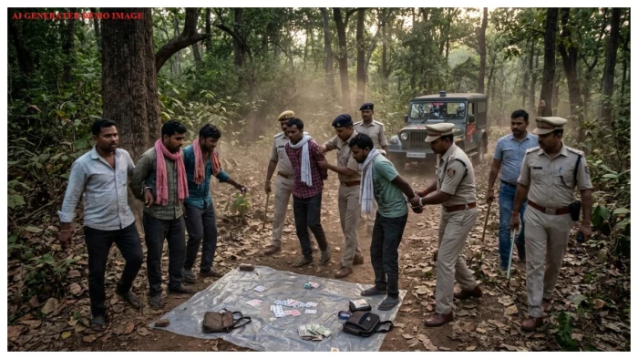 रायगढ़ के जंगल में चल रहा था जुए का फड़, पुलिस ने घेराबंदी कर 6 जुआरियों को दबोचा, 5 लाख का माल जब्त