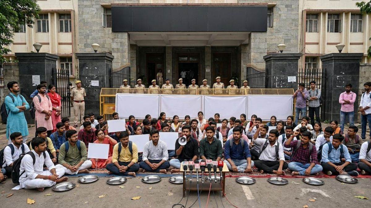 सतना में कलेक्टर बंगले के बाहर छात्रों का धरना, घटिया भोजन और कीड़े मिलने पर मवेशियों के आगे फेंकी थालियां