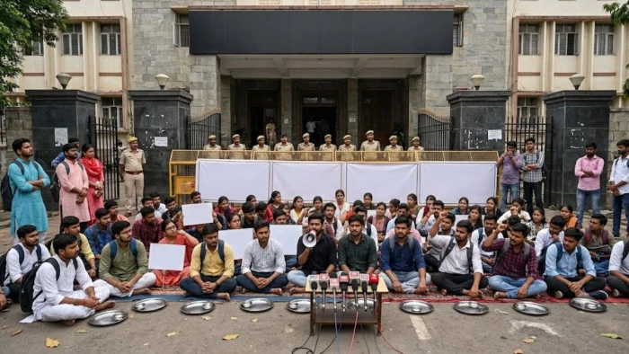 सतना में कलेक्टर बंगले के बाहर छात्रों का धरना, घटिया भोजन और कीड़े मिलने पर मवेशियों के आगे फेंकी थालियां