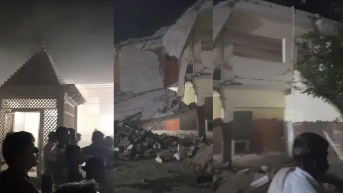 भिंड के दंदरौआधाम में बड़ा हादसा: 50 साल पुरानी इमारत का बरामदा समेत छज्जा गिरा, पत्थर लगने से युवक घायल