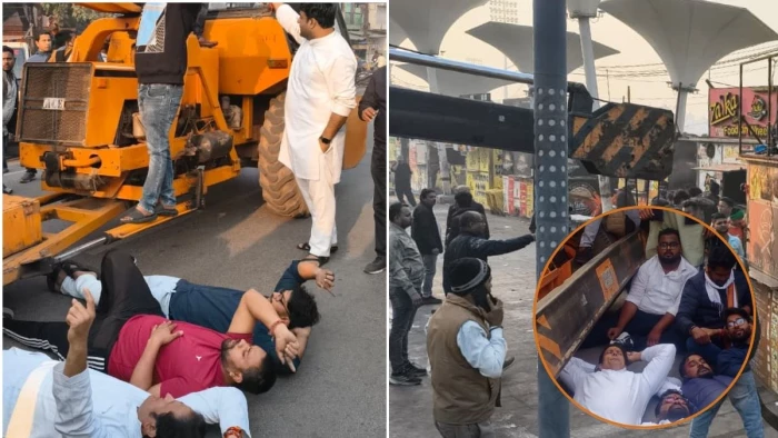 रायपुर में चौपाटी की शिफ्टिंग के विरोध में क्रेन के सामने लेटे कांग्रेसी, बदले की भावना से कार्रवाई का आरोप