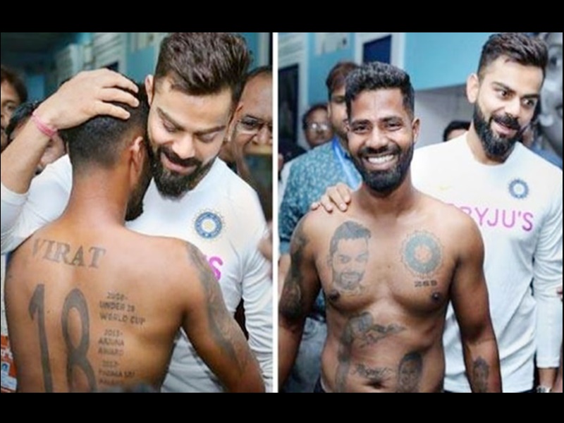 Virat Kohli Fan वरट क जबर फन शरर पर बनवए य शनदर 15 टट  Virat  Kohli Fan Virat met his fan made 15 tattoos on his body